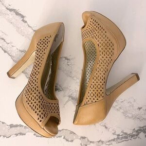 XAppeal Tan Peep Toe Cutout Heels
